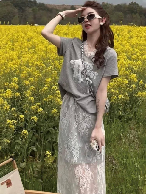 Spring Trendy Aesthetic Lacey Skirt With T-Shirts Sets
